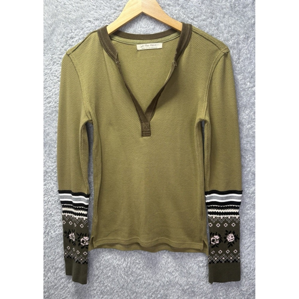 Free People Womans M Mikah Layering Cuff Thermal Top Henley Neck Green Combo